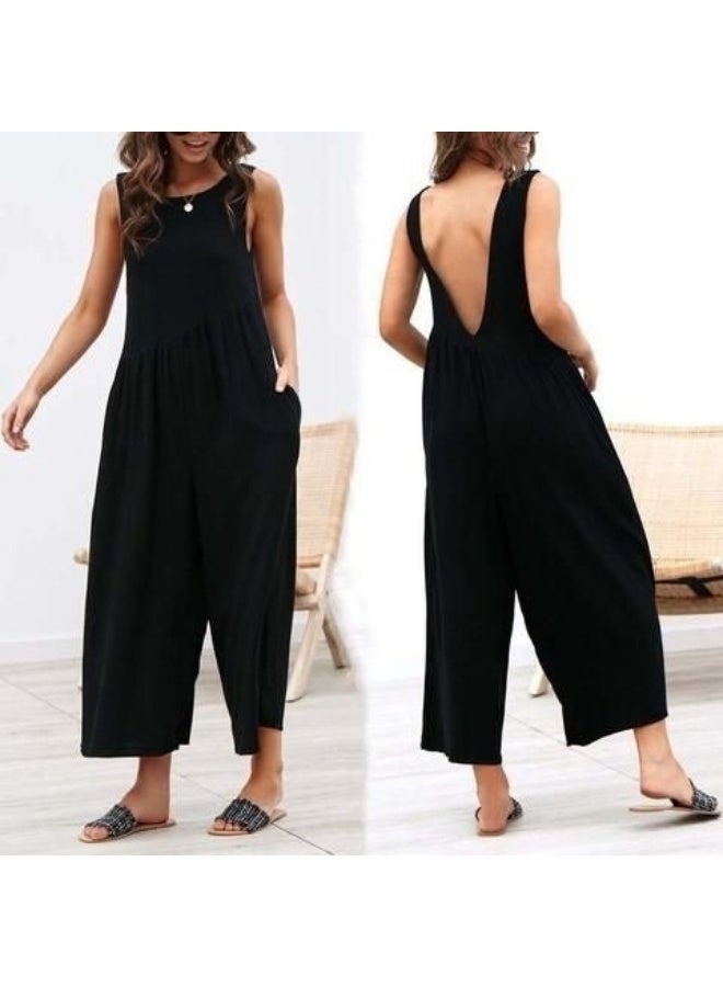 Barbora Linen Summer Casual Backless Casual Women's Jumpsuit Ln212Siyah12 - Image 1